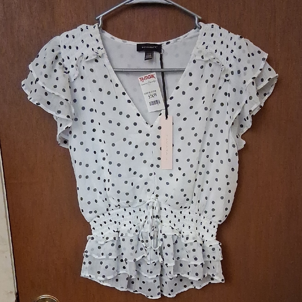 Tamara H White Flutter Sleeve Ruffled Blouse.